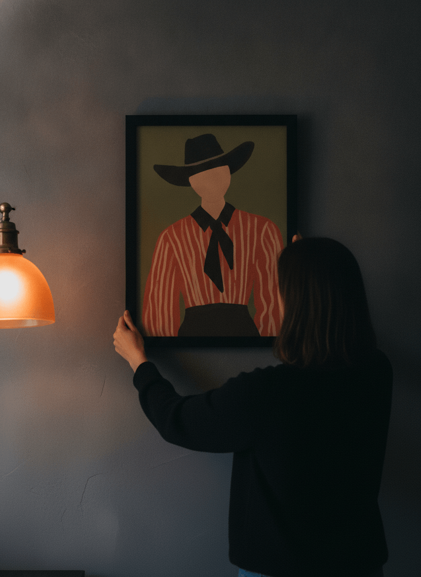Person holding modern wall art print in a moody living room