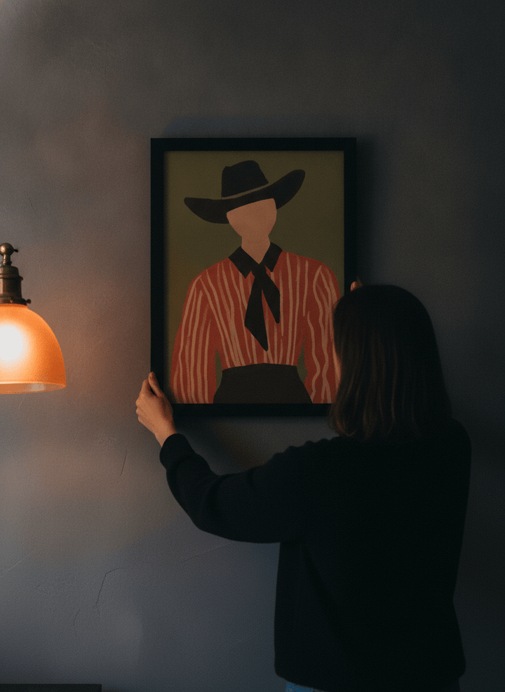 Person holding modern wall art print in a moody living room