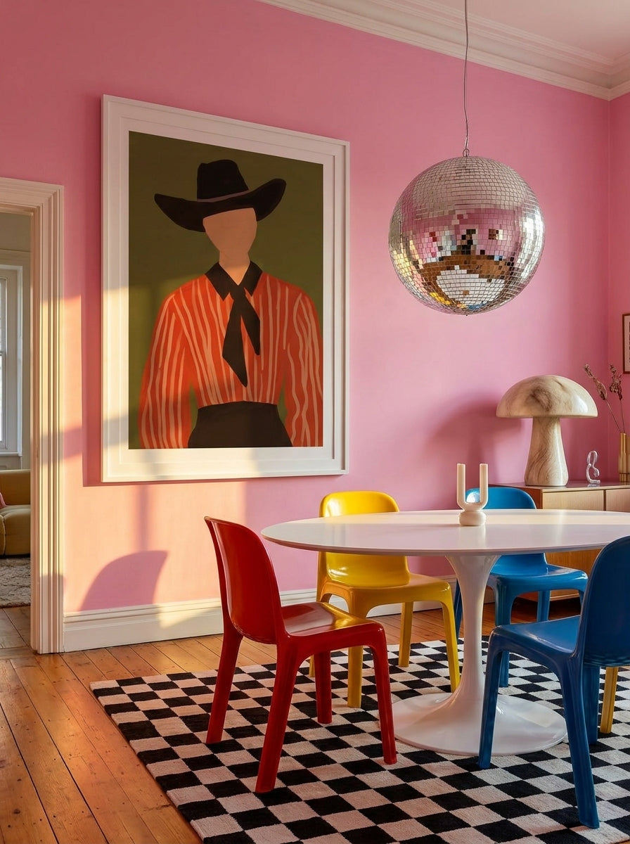 Oversized statement modern wall art print styled on the wall in a colourful eclectic dining room