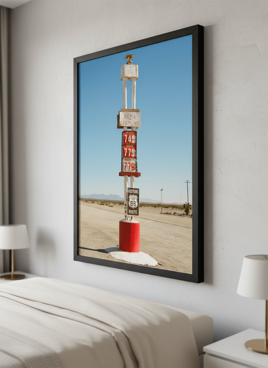 Minimalist artwork displayed in a calm, light-filled bedroom interior