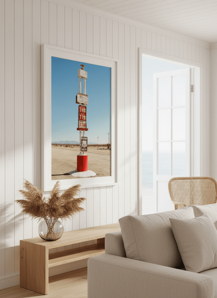 Neutral wall art displayed in a sunny coastal beach house