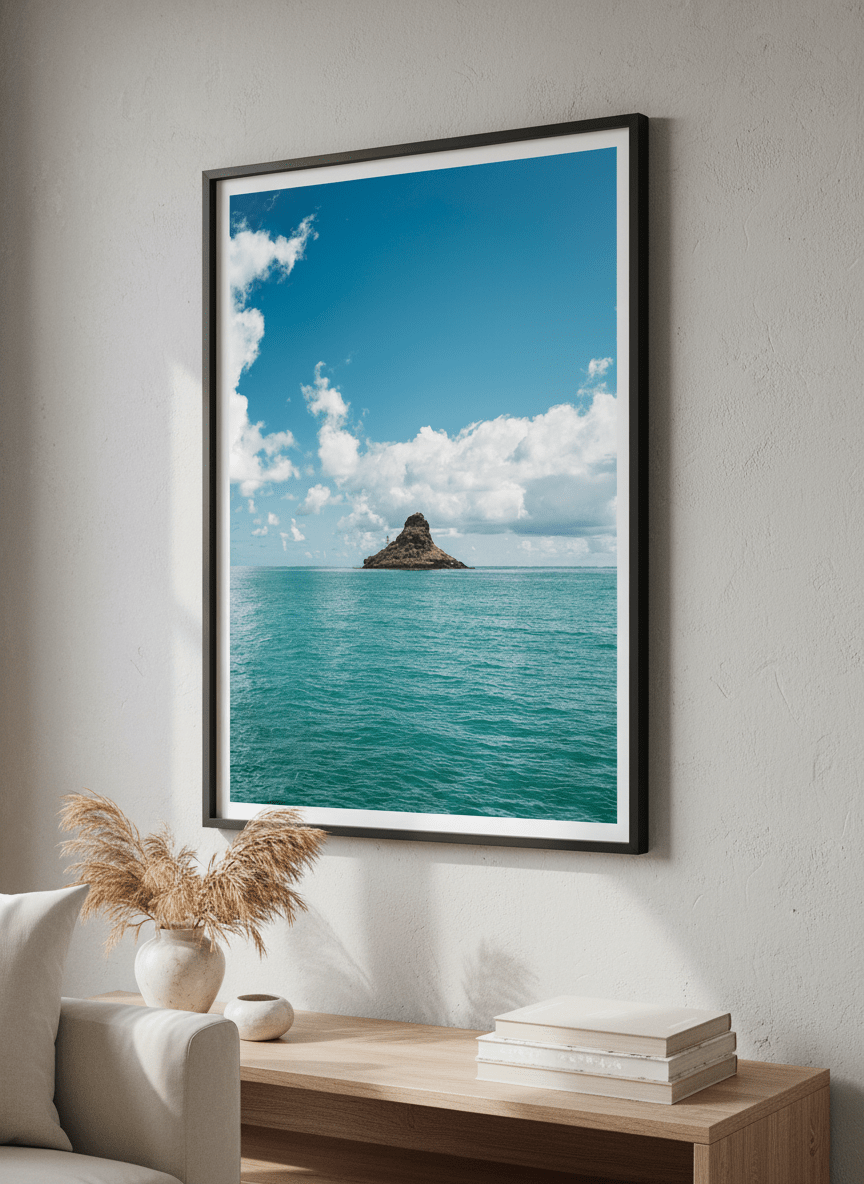 Modern wall art styled above a sofa in a neutral living room