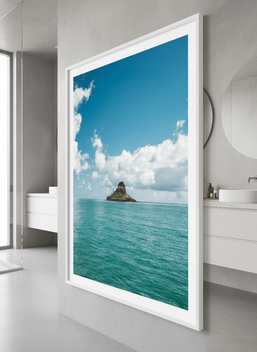 Modern print displayed in a clean minimalist bathroom setting