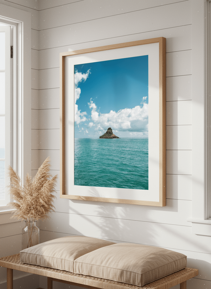 Neutral wall art displayed in a sunny coastal beach house