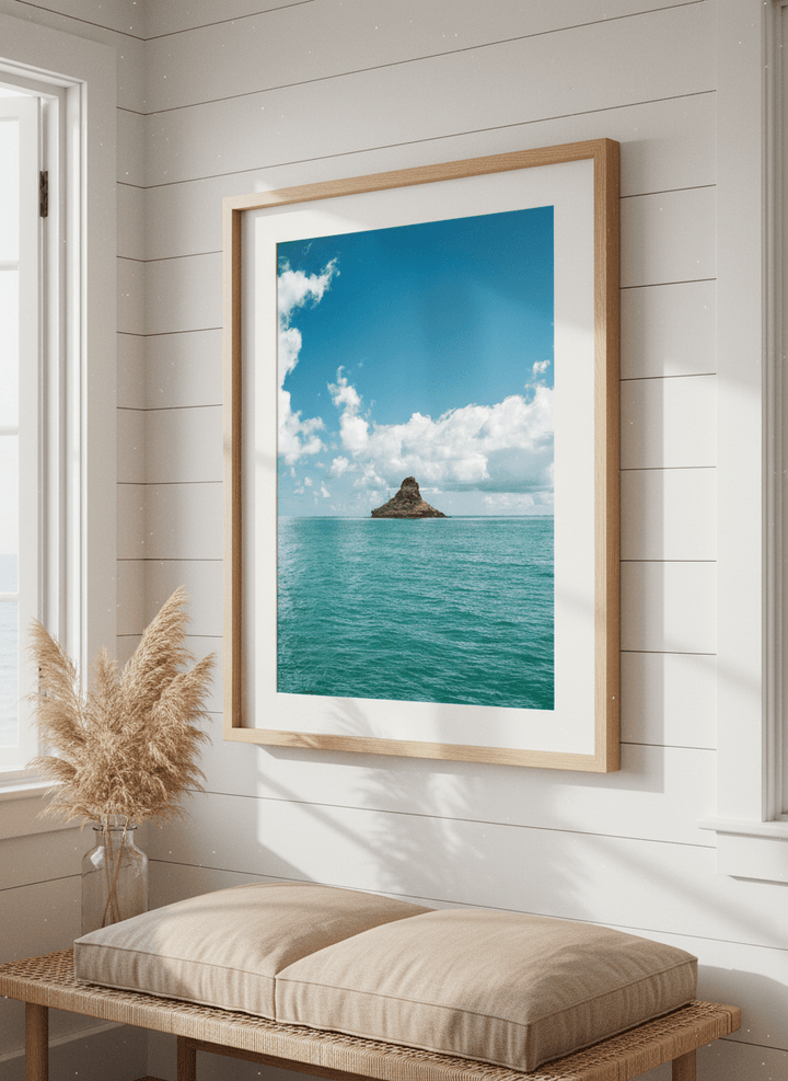 Neutral wall art displayed in a sunny coastal beach house