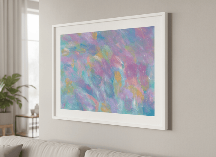 Modern wall art styled above a sofa in a neutral living room