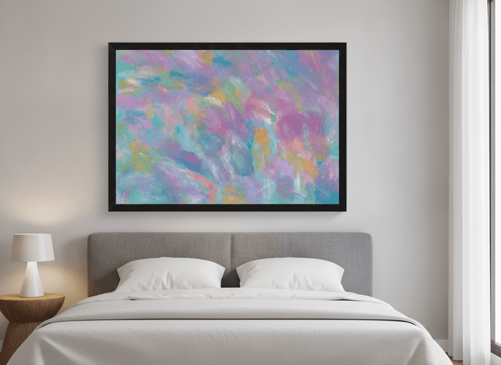 Minimalist artwork displayed in a calm, light-filled bedroom interior
