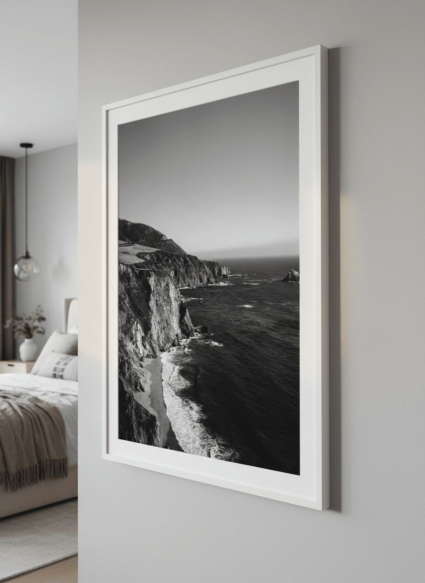Minimalist artwork displayed in a calm, light-filled bedroom interior