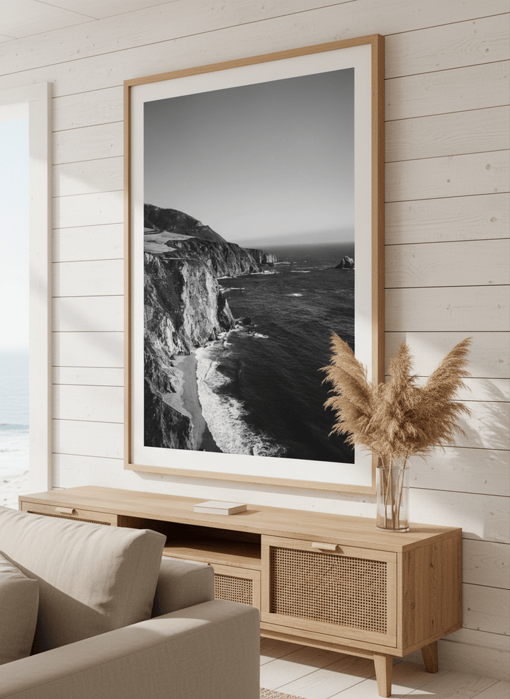 Neutral wall art displayed in a sunny coastal beach house