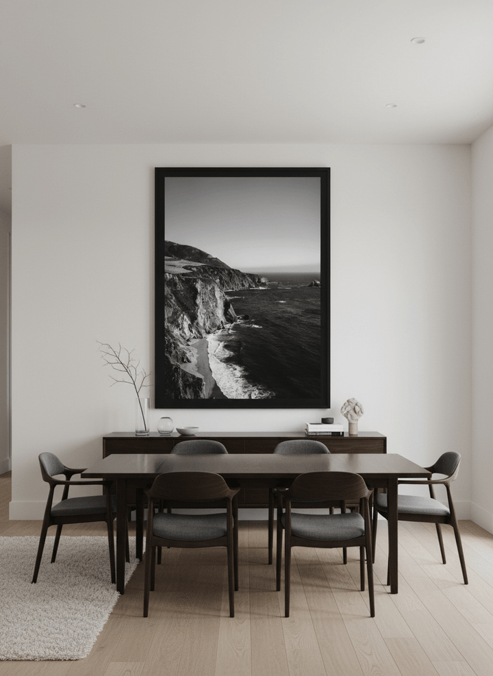 Monumental artwork centred on a feature wall in a luxe interior