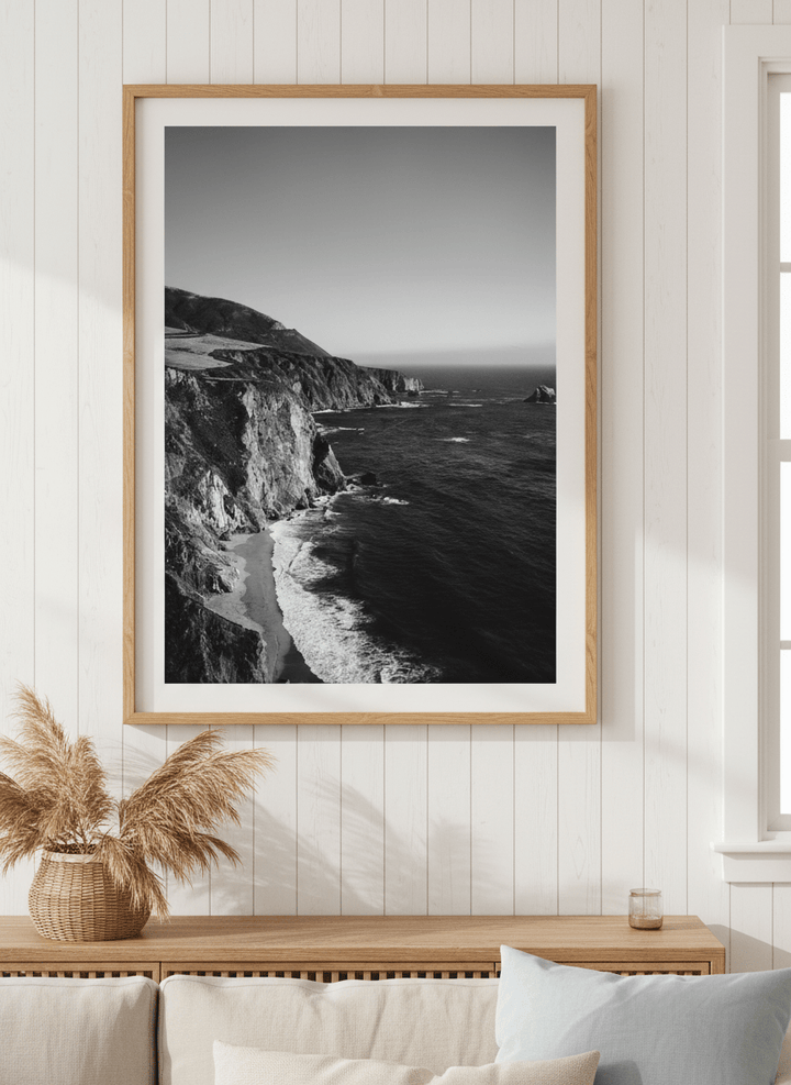 Neutral wall art displayed in a sunny coastal beach house