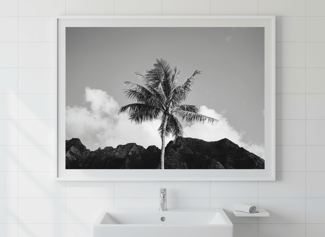 Modern print displayed in a clean minimalist bathroom setting