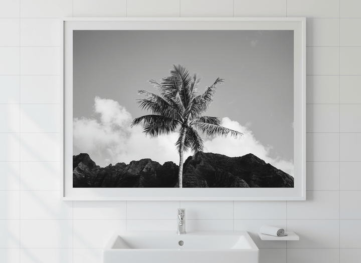 Modern print displayed in a clean minimalist bathroom setting