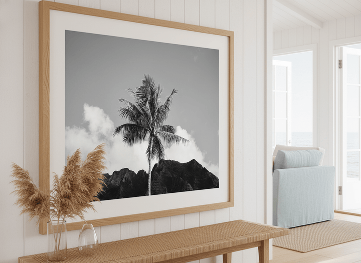 Neutral wall art displayed in a sunny coastal beach house