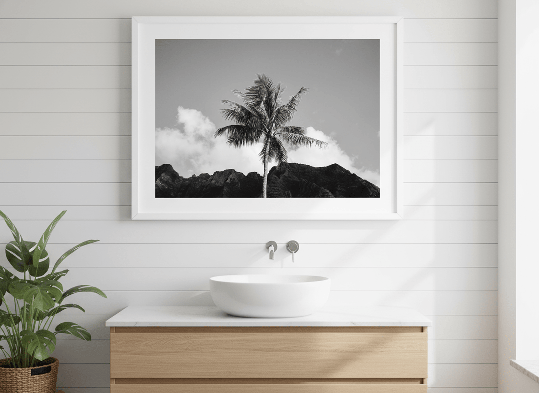Modern print displayed in a clean minimalist bathroom setting