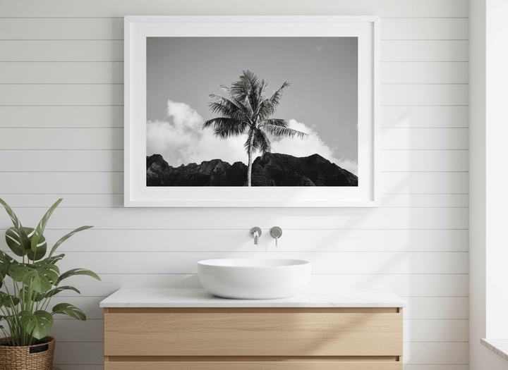 Modern print displayed in a clean minimalist bathroom setting