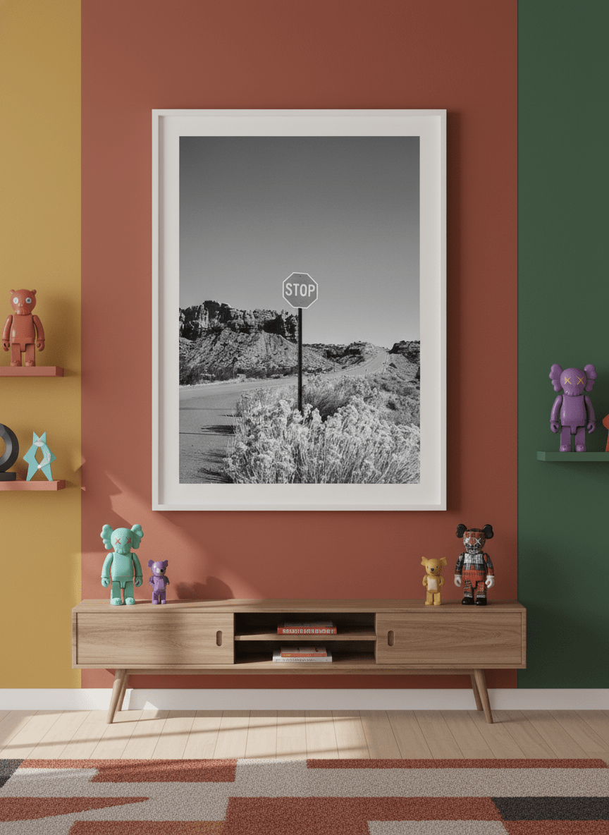 Bold wall art styled in a colourful, eclectic modern home