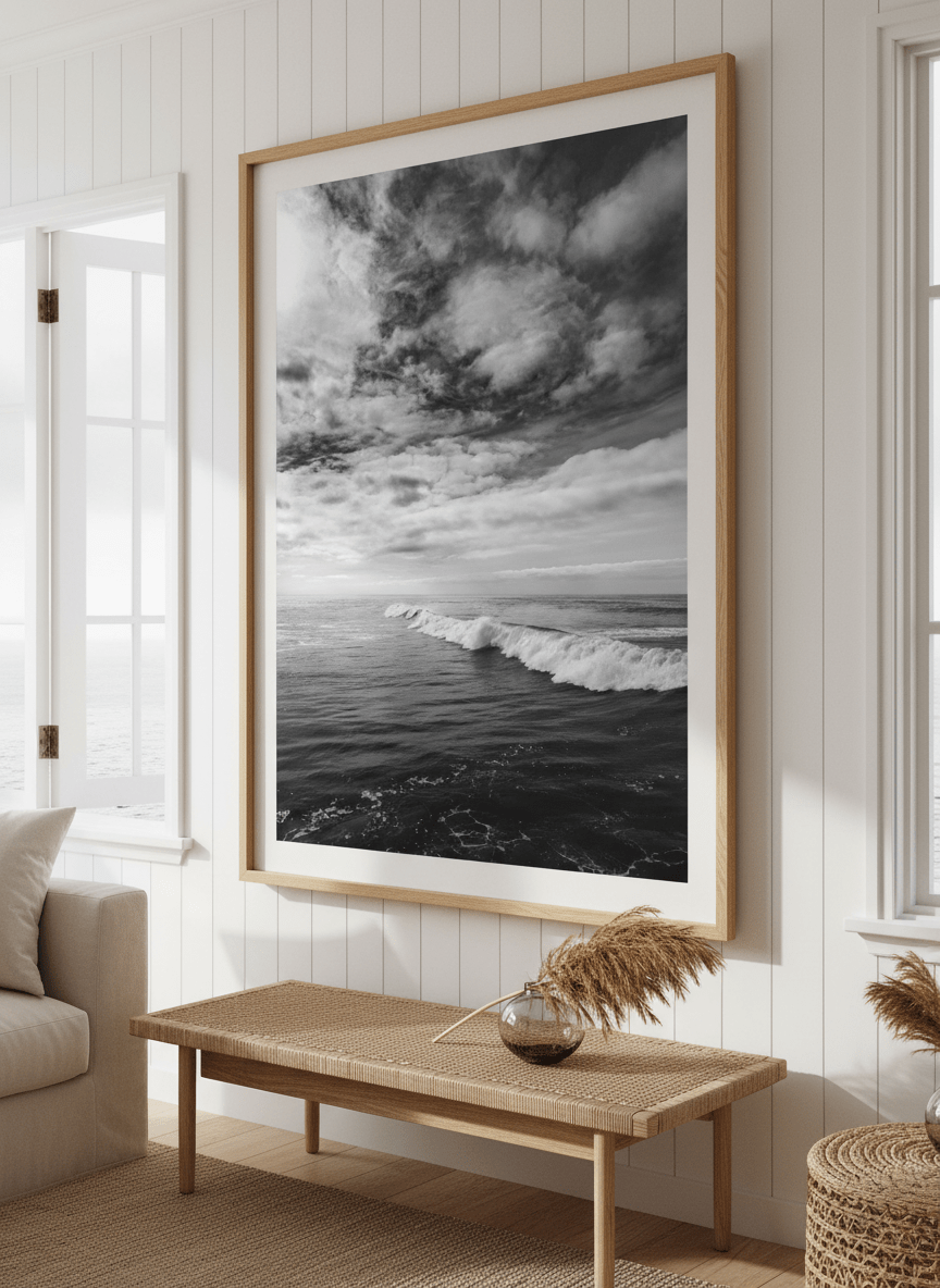 Neutral wall art displayed in a sunny coastal beach house