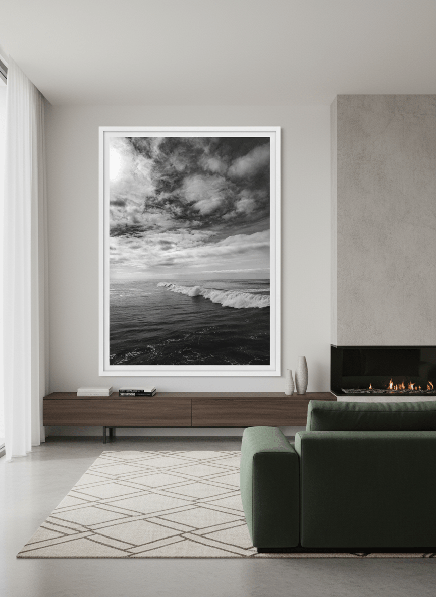 Monumental artwork centred on a feature wall in a luxe interior