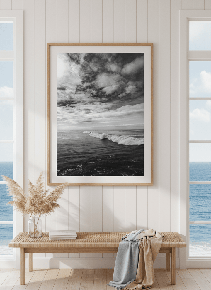 Neutral wall art displayed in a sunny coastal beach house
