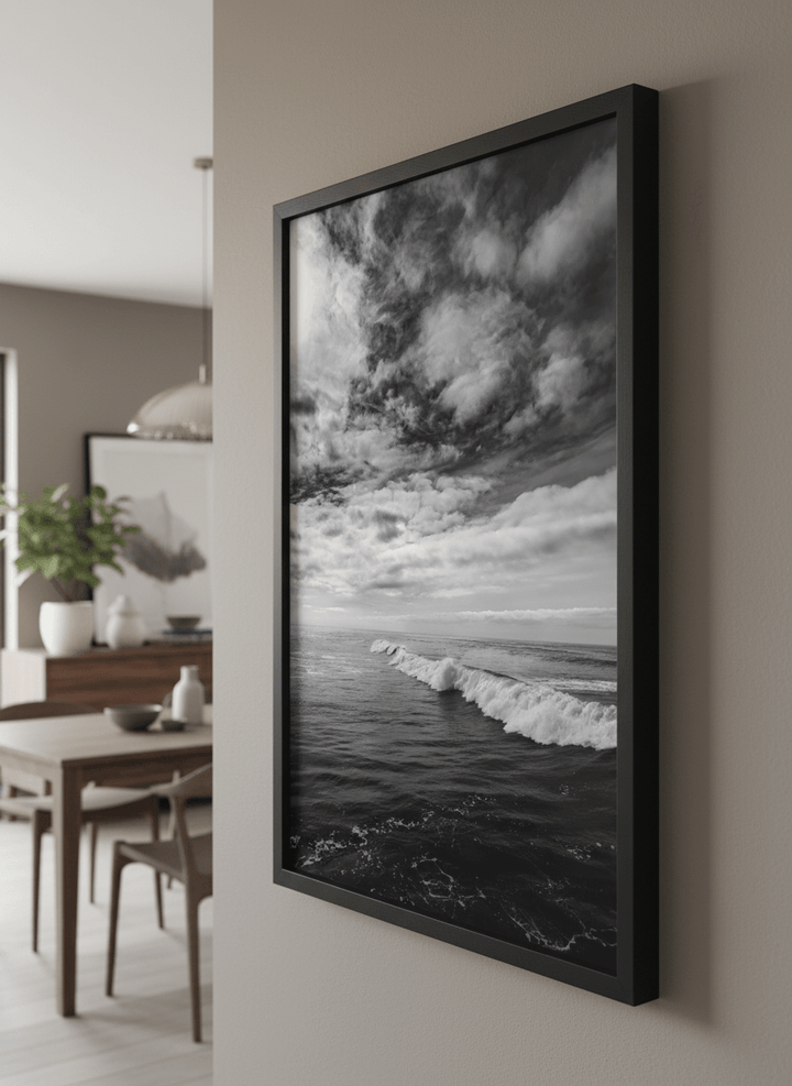 Wall art styled above a dining table in a contemporary home