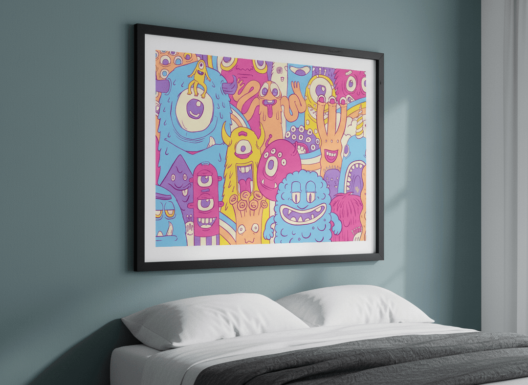 Minimalist artwork displayed in a calm, light-filled bedroom interior