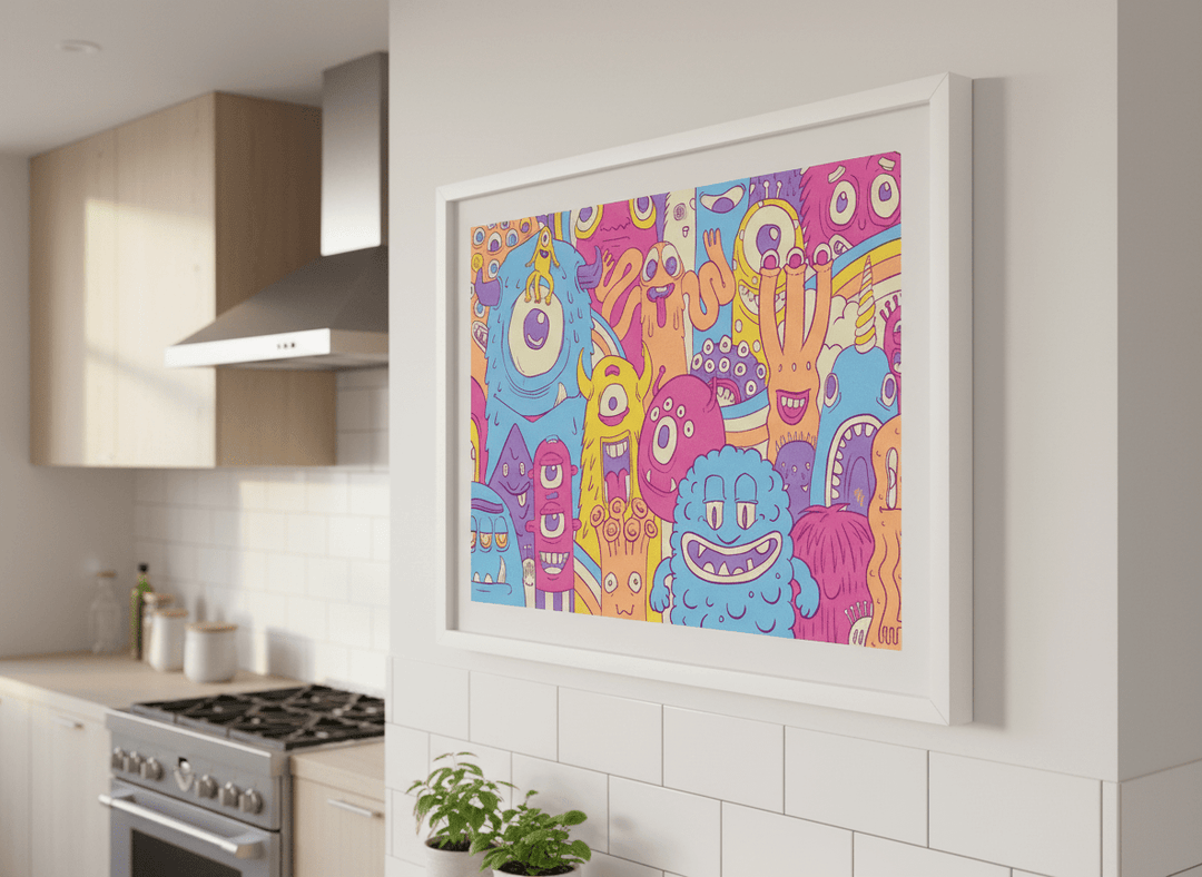 Artwork styled on the wall of a bright modern kitchen