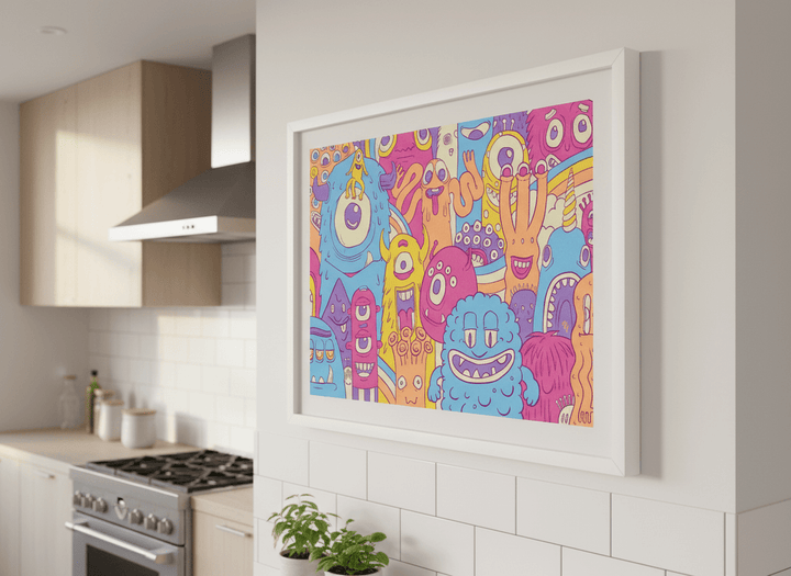 Artwork styled on the wall of a bright modern kitchen