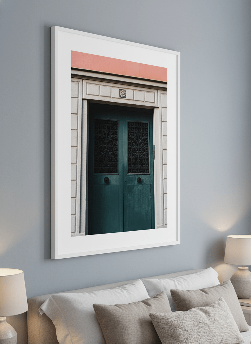 Minimalist artwork displayed in a calm, light-filled bedroom interior