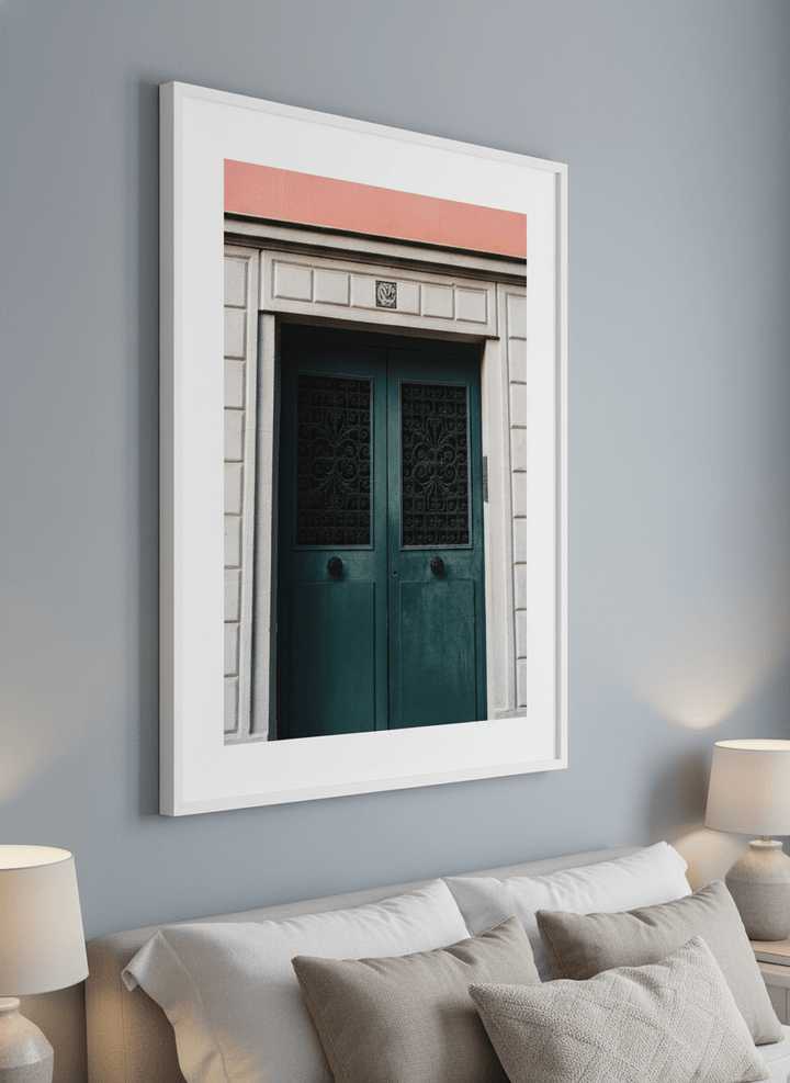 Minimalist artwork displayed in a calm, light-filled bedroom interior