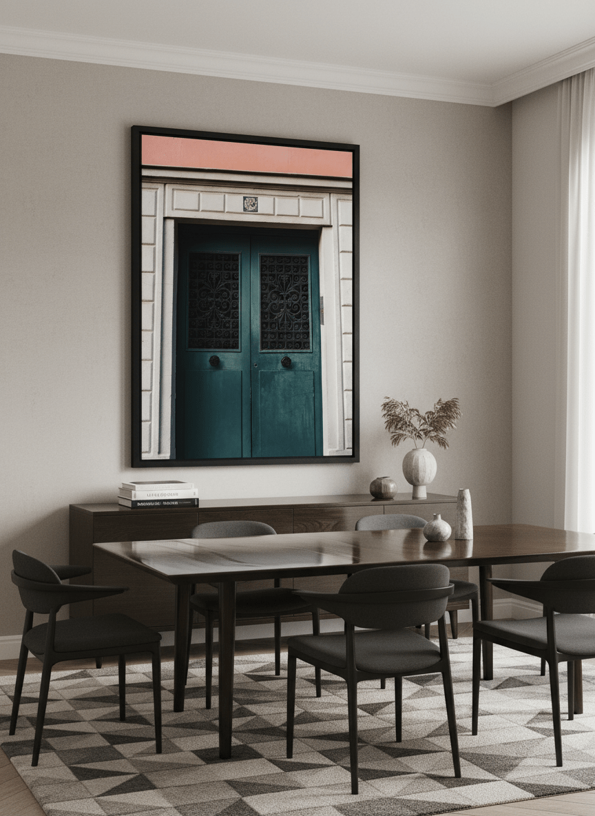 Monumental artwork centred on a feature wall in a luxe interior