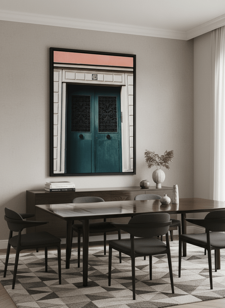 Monumental artwork centred on a feature wall in a luxe interior