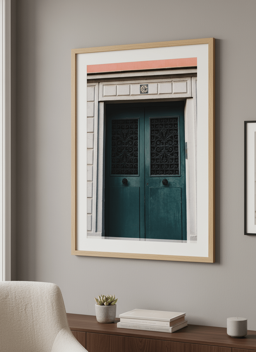 Modern wall art styled above a sofa in a neutral living room