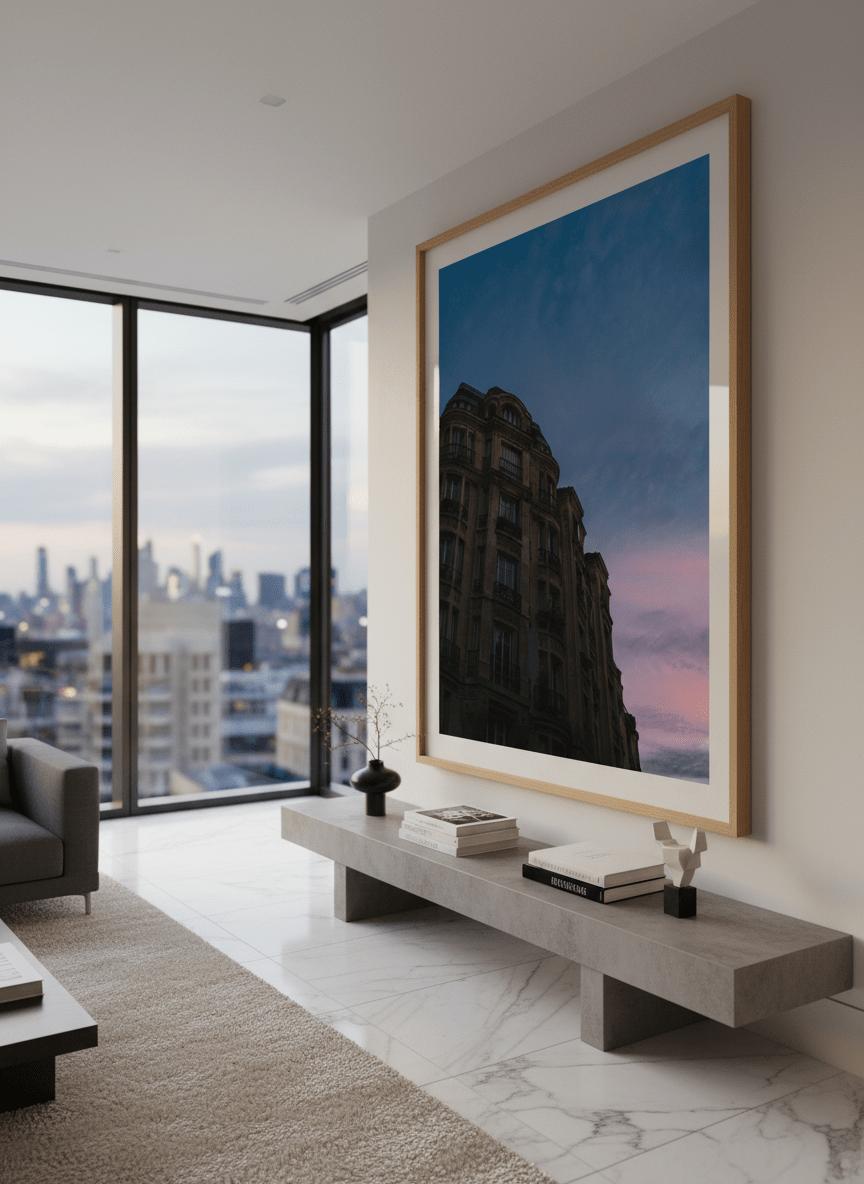 Monumental artwork centred on a feature wall in a luxe interior