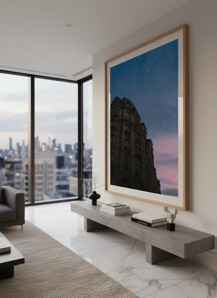 Monumental artwork centred on a feature wall in a luxe interior