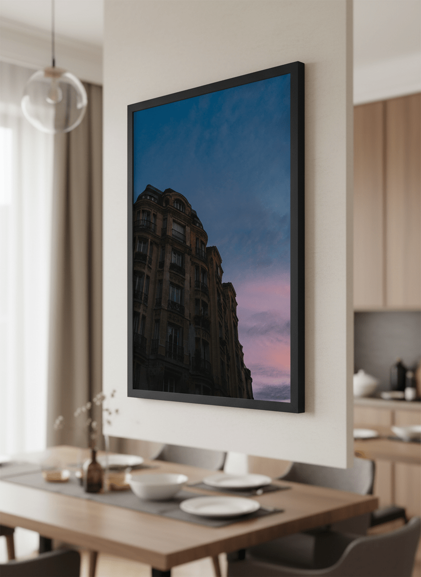 Wall art styled above a dining table in a contemporary home