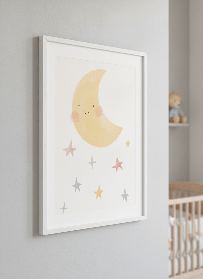 Soft neutral wall art styled in a serene nursery with pastel tones