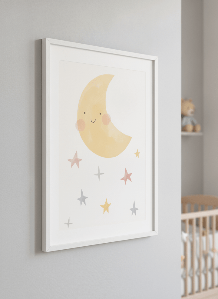 Soft neutral wall art styled in a serene nursery with pastel tones