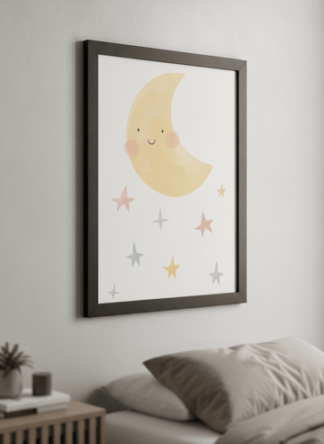 Minimalist artwork displayed in a calm, light-filled bedroom interior