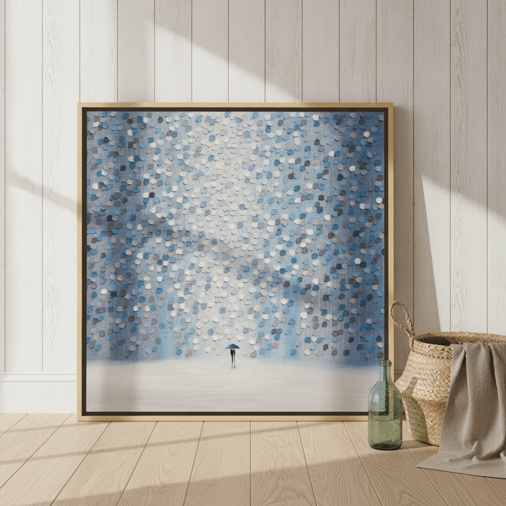 Oversized statement canvas wall art with a natural timber surround leaning against the wall in a coastal bedroom