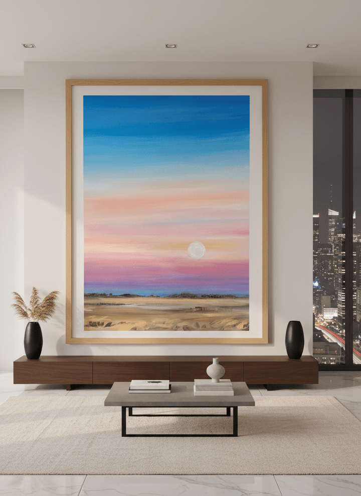 Monumental artwork centred on a feature wall in a luxe interior