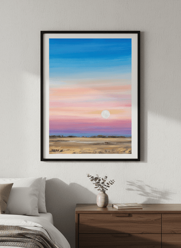 Minimalist artwork displayed in a calm, light-filled bedroom interior
