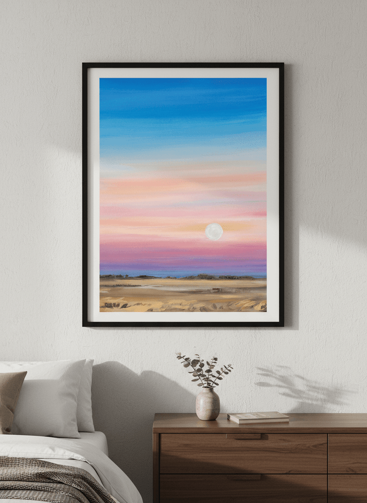 Minimalist artwork displayed in a calm, light-filled bedroom interior