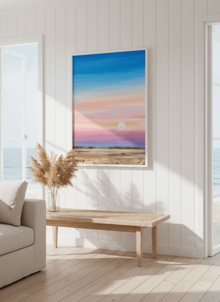 Neutral wall art displayed in a sunny coastal beach house