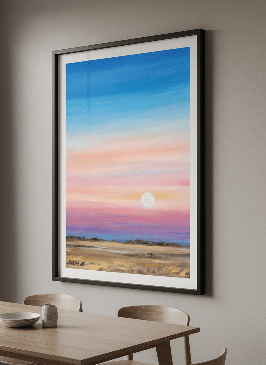 Wall art styled above a dining table in a contemporary home