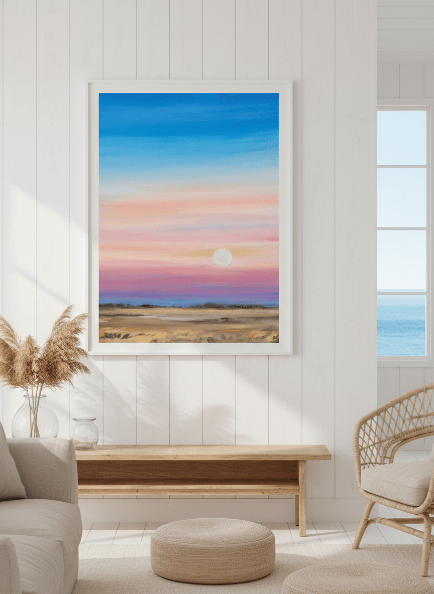 Neutral wall art displayed in a sunny coastal beach house