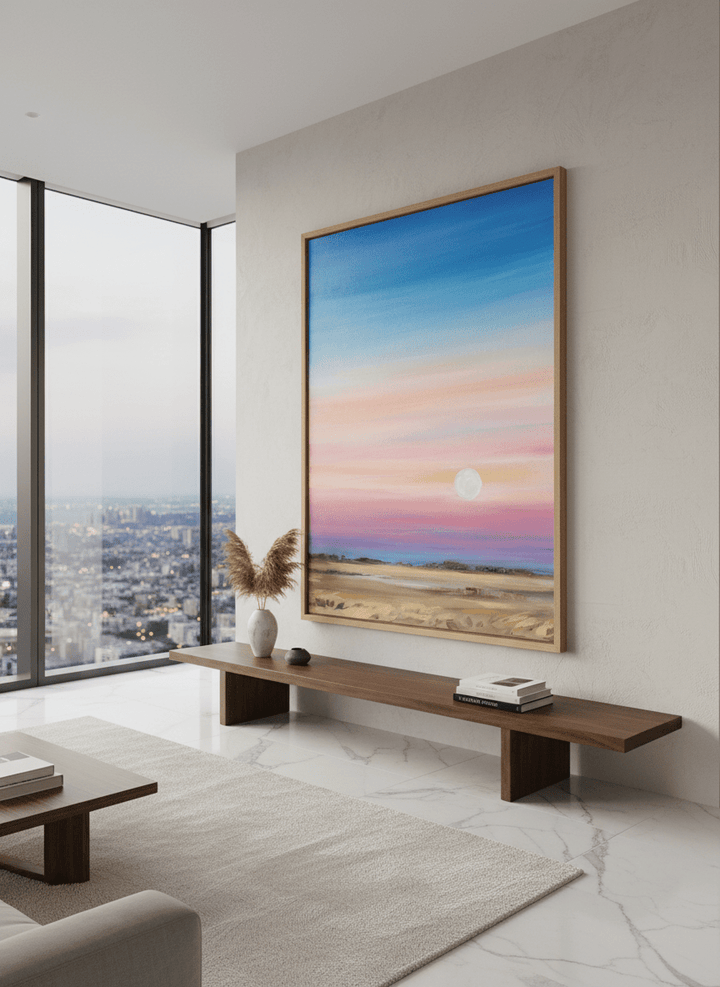 Monumental artwork centred on a feature wall in a luxe interior