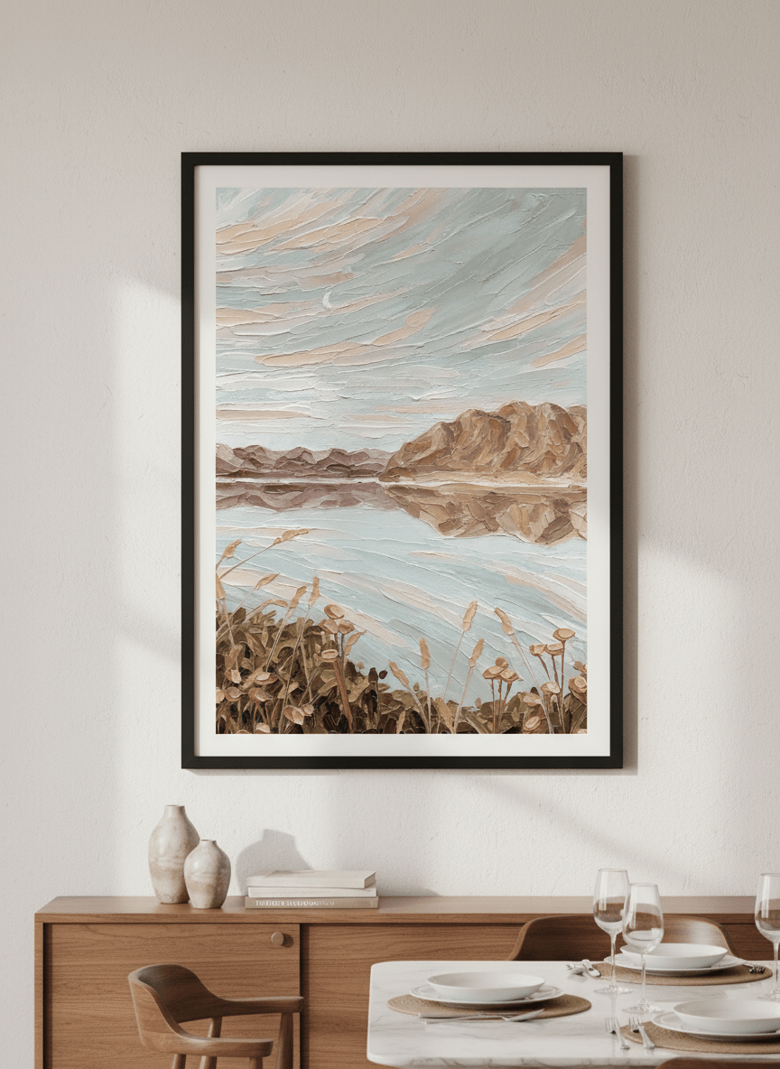 Wall art styled above a dining table in a contemporary home
