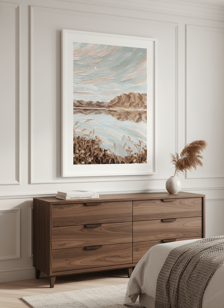 Monumental artwork centred on a feature wall in a luxe interior