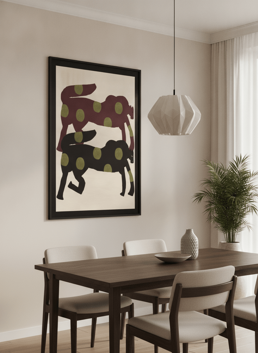Wall art styled above a dining table in a contemporary home